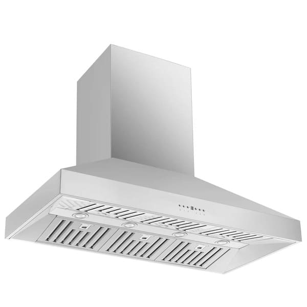 Front left angled view of the FORNO wall mount range hood from the 3-Piece Appliance Package, showcasing its sleek stainless steel construction, minimalist design, and integrated LED lighting—ideal for effective kitchen ventilation with a professional aesthetic.