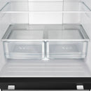 Interior view of the crisper drawer in the FORNO 30-Inch French Door Refrigerator in Black, designed with transparent materials to keep fruits and vegetables fresh and organized.