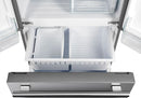 Close-up of the freezer drawers in the FORNO 30-inch French door refrigerator in stainless steel, highlighting the spacious dual-drawer freezer design for organized frozen food storage.