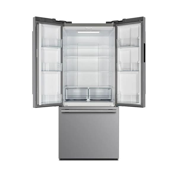 Front view of the FORNO 30-inch French door refrigerator in stainless steel with both doors open, revealing organized shelving, drawers, and spacious interior storage.