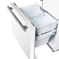 Front view of the FORNO 30-Inch French Door Refrigerator in White with the bottom freezer drawer open, revealing spacious compartments for organized frozen food storage.