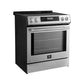 Angled front view of the FORNO 30-inch induction range in stainless steel, highlighting the smooth cooktop surface, ergonomic control knobs, and modern oven design.