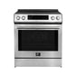 Front view of the FORNO 30-inch induction range in stainless steel, showcasing the sleek cooktop, control knobs, and oven door.