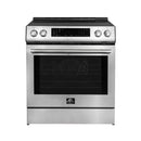 Front view of the FORNO 30-inch induction range in stainless steel, showcasing the sleek cooktop, control knobs, and oven door.