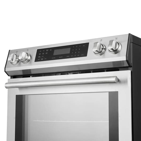 Close-up view of the control knobs on the FORNO 30-inch induction range in stainless steel, showcasing their metallic finish and precise temperature markings.