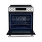 Front view of the FORNO 30-inch induction range in stainless steel with the oven door open, showing interior oven racks and spacious cooking cavity.