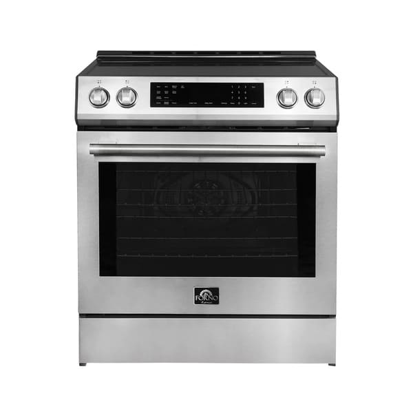 Front view of the FORNO 30-inch induction range in stainless steel, showcasing its sleek control panel, oven door, and minimalist pro-style design.