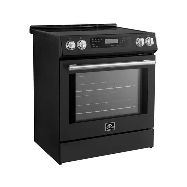 Angled front view of the FORNO 30-Inch Induction Range in Black, showcasing the smooth cooktop, ergonomic control knobs, and contemporary oven design.