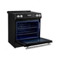 Angled front view of the FORNO 30-Inch Induction Range in Black with the oven door open, showcasing the interior oven cavity and rack configuration.