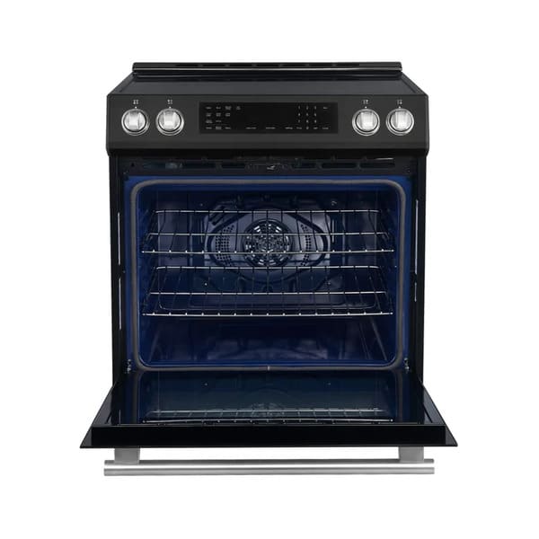 Front view of the FORNO 30-Inch Induction Range in Black with the oven door open, revealing the spacious interior and multiple oven racks.