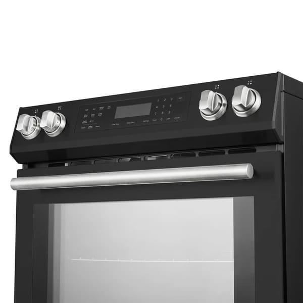 Close-up view of the control knobs on the FORNO 30-Inch Induction Range in Black, highlighting the sleek design and user interface.