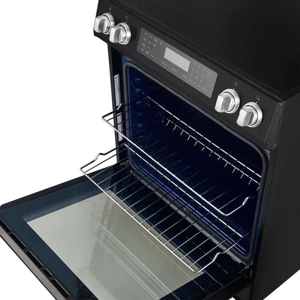 Interior view of the FORNO 30-Inch Induction Range in Black, highlighting the multiple chrome oven racks and spacious cooking cavity.