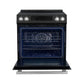 Front view of the FORNO 30-Inch Induction Range in Black with the oven door open, showing the spacious interior with adjustable racks and convection fan.