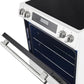 Close-up of the oven door on the FORNO 30-Inch Induction Range in White, featuring a large glass window and a durable stainless steel handle with a clean, modern finish.
