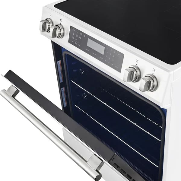 Close-up of the oven door on the FORNO 30-Inch Induction Range in White, featuring a large glass window and a durable stainless steel handle with a clean, modern finish.
