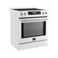 Angled front view of the FORNO 30-Inch Induction Range in White, highlighting the elegant design, seamless cooktop surface, and professional-grade control knobs.