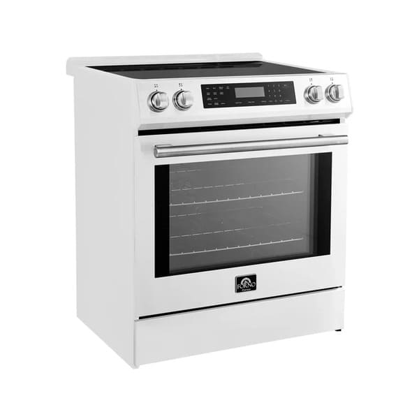 Angled front view of the FORNO 30-Inch Induction Range in White, highlighting the elegant design, seamless cooktop surface, and professional-grade control knobs.