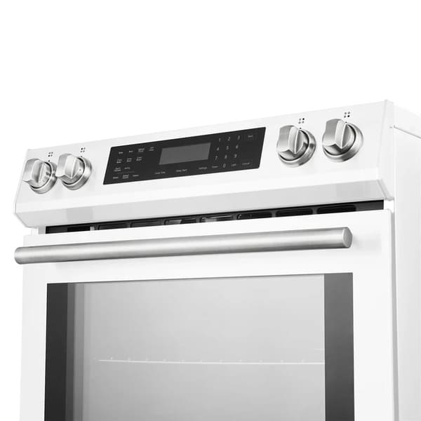 Close-up view of the stainless steel control knobs on the FORNO 30-Inch Induction Range in White, designed for precise heat control and a professional look.