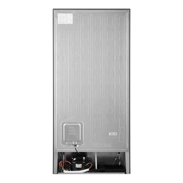 Rear view of the FORNO 31-Inch Bottom Freezer Door Refrigerator in Black, displaying the appliance’s condenser coils, ventilation system, and electrical connection point.