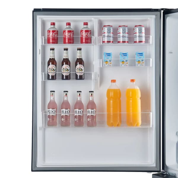Close-up view of the interior side of the door of the FORNO 31-Inch Bottom Freezer Door Refrigerator in Black, featuring multiple transparent bins for storing bottles, condiments, and small items.
