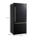Diagram of the FORNO 31-Inch Refrigerator with Right Hinge in Black, displaying detailed exterior dimensions for width, depth, and height.