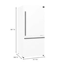 Dimensions view of the FORNO 31-inch right-hinge refrigerator in white, highlighting height, width, and depth specifications with measurement labels.