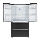 Front view of the FORNO 36-Inch French Door Refrigerator in Black with both doors open, revealing spacious interior compartments, adjustable glass shelves, crisper drawers, and door bins for organized food storage.