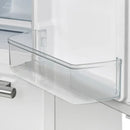 Close-up of the door bins inside the FORNO 36-Inch French Door Refrigerator in White, highlighting transparent, deep storage compartments for bottles and condiments.