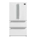 Front view of the FORNO 36-Inch French Door Refrigerator in White, featuring a sleek, minimalist design with smooth panel doors and streamlined handles.