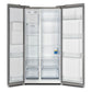 Front view of the FORNO 36-inch side-by-side refrigerator in stainless steel with both doors open, revealing organized interior shelving, door bins, and storage compartments.