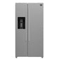 Front view of the FORNO 36-inch side-by-side refrigerator in stainless steel, featuring a sleek water dispenser on the freezer door.