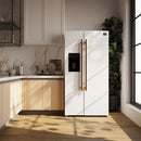 Lifestyle image of the FORNO 36-Inch Side-by-Side Refrigerator with Water Dispenser in White, shown in a stylish kitchen environment, highlighting its sleek design, built-in dispenser, and spacious layout.