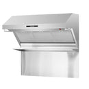 Front right angled view of the FORNO 48-inch wall mount range hood with red light warmer, showing the dual infrared warming lamps, stainless steel baffle filters, and polished finish—designed for powerful ventilation and heat retention in a professional-style kitchen.