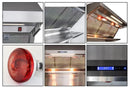 FORNO 48-inch wall mount range hood featuring a bold stainless steel design with built-in red heat lamps for food warming, baffle filters, and a sleek control panel—ideal for professional-style kitchen ventilation and convenience.