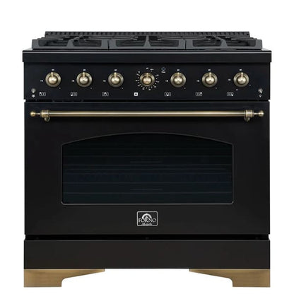 Front view of the FORNO Antico 36-Inch Gas Range in black, showcasing a bold black stainless steel finish, six brass burners, and a spacious single oven with professional-style control knobs.