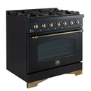 Left-angled front view of the FORNO Antico 36-Inch Gas Range in black, featuring a sleek black stainless finish, six brass burners, and a single oven with premium control knobs.