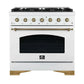Front view of the FORNO Antico 36-Inch Gas Range in white, showcasing a matte white finish, six brass burners, and a spacious single oven with professional stainless steel control knobs.