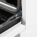 Close-up of the oven door hinges on the FORNO Antico 36-Inch Gas Range in white, highlighting the durable construction and smooth, stable door mechanism for long-lasting performance.