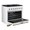 Left-angled front view of the FORNO Antico 36-Inch Gas Range in white with the oven door open, revealing a vibrant blue enamel interior, convection fan, and durable oven racks.
