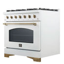 Right-angled front view of the FORNO Antico 36-Inch Gas Range in white, highlighting its matte white finish, six brass burners, and a spacious oven with sleek stainless steel control knobs.