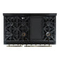 Top-down view of the FORNO Antico 48-Inch Dual Fuel Range in black, highlighting eight brass burners, continuous cast iron grates, and a spacious black stainless steel cooktop.