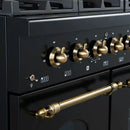 Close-up view of the control knobs on the FORNO Antico 48-Inch Dual Fuel Range in black, featuring polished brass bezels, precision temperature markings, and a sleek black stainless steel panel.