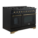 Left-angled front view of the FORNO Antico 48-Inch Dual Fuel Range in black, showcasing dual ovens, eight brass burners, and a bold black stainless finish for a luxurious kitchen centerpiece.