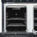 Interior view of the secondary oven in the FORNO Antico 48-Inch Dual Fuel Range in black, showcasing a compact blue enamel cavity with convection fan and adjustable oven rack.