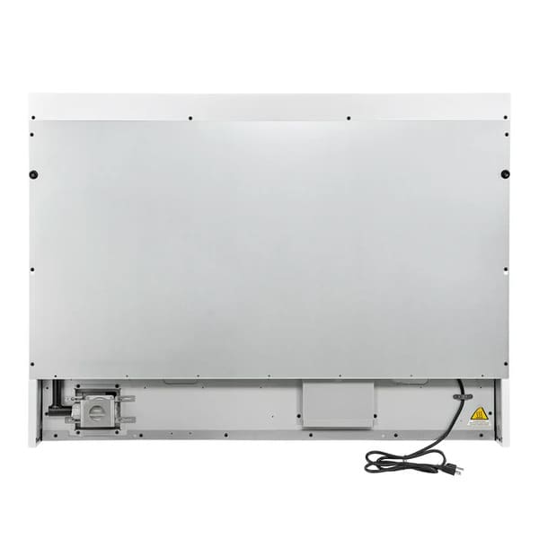 Rear view of the FORNO Antico 48-Inch Dual Fuel Range in white, showing power and gas connection ports, rear ventilation, and a flat-back design for streamlined kitchen installation.
