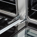 Close-up of the oven door hinges on the FORNO Antico 48-Inch Dual Fuel Range in white, highlighting the heavy-duty construction and smooth, durable hinge mechanism for reliable performance.