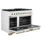 Left-angled front view of the FORNO Antico 48-Inch Dual Fuel Range in white with both oven doors open, revealing spacious blue enamel interiors, convection fans, and heavy-duty racks.