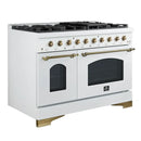 Left-angled front view of the FORNO Antico 48-Inch Dual Fuel Range in white, showcasing its elegant matte white finish, dual oven doors, and eight brass burners on a professional cooktop.