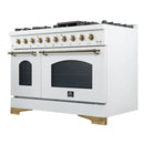 Right-angled front view of the FORNO Antico 48-Inch Dual Fuel Range in white, highlighting its clean white finish, dual oven doors, and professional-grade cooktop with eight brass burners.
