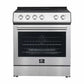 Front view of the FORNO 30-inch electric range in stainless steel, showcasing its smooth cooktop, large oven window, and control knobs.